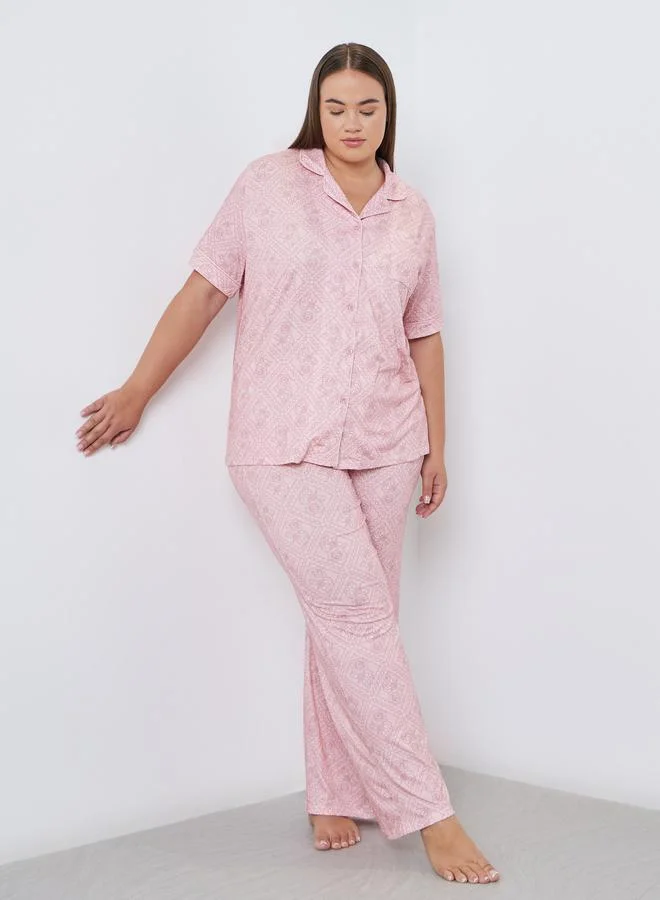 Styli Styli Plus Floral Piped Detail Shirt and Pyjama Set
