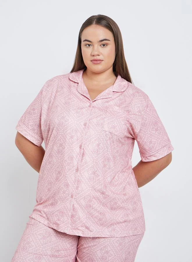 Styli Styli Plus Floral Piped Detail Shirt and Pyjama Set