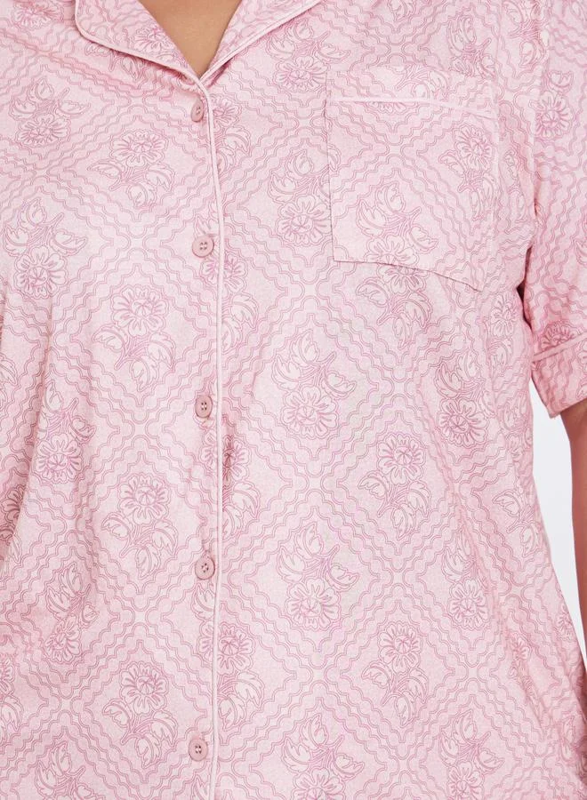 Styli Styli Plus Floral Piped Detail Shirt and Pyjama Set