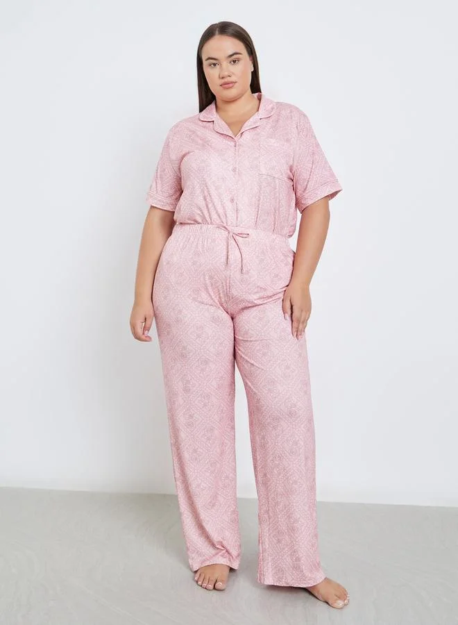 Styli Styli Plus Floral Piped Detail Shirt and Pyjama Set