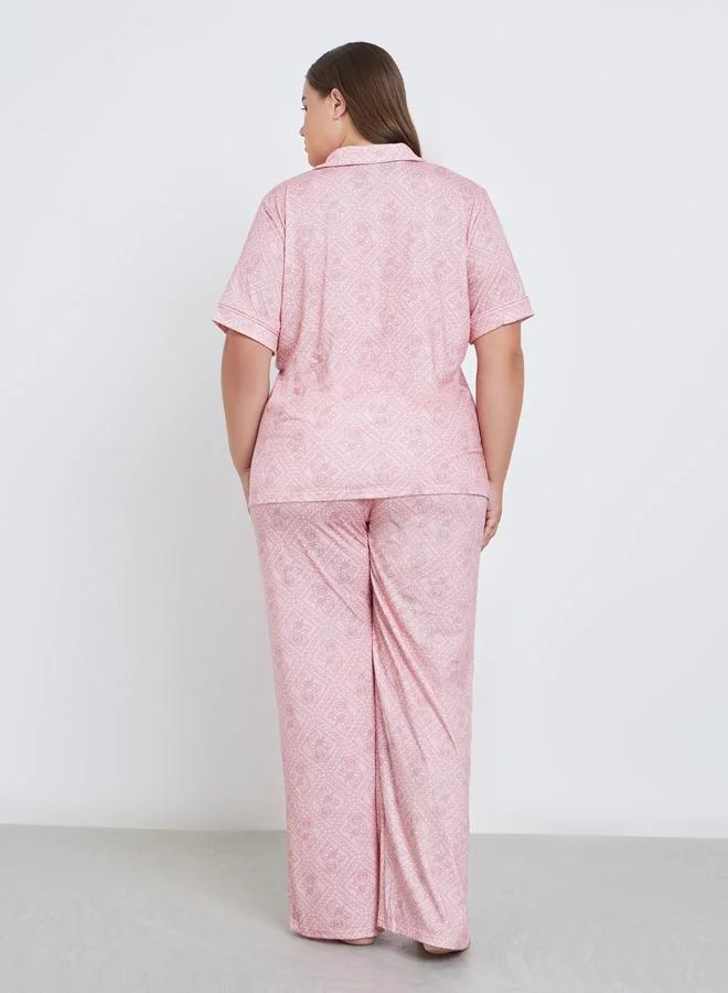 Styli Styli Plus Floral Piped Detail Shirt and Pyjama Set