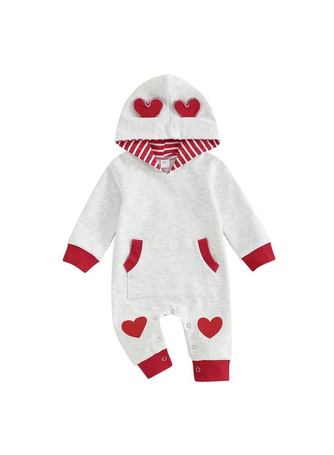 BeQeuewll Newborn Baby Girls Boys Valentine's Day Outfit Infant Sweatshirt Jumpsuit Long Sleeve Heart Hooded Romper 0-12M (Gray, 9-12 Months) - Image 1