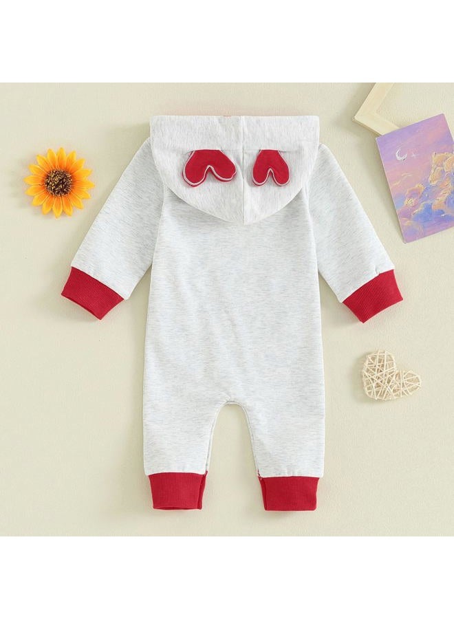 BeQeuewll Newborn Baby Girls Boys Valentine's Day Outfit Infant Sweatshirt Jumpsuit Long Sleeve Heart Hooded Romper 0-12M (Gray, 9-12 Months) - Image 3