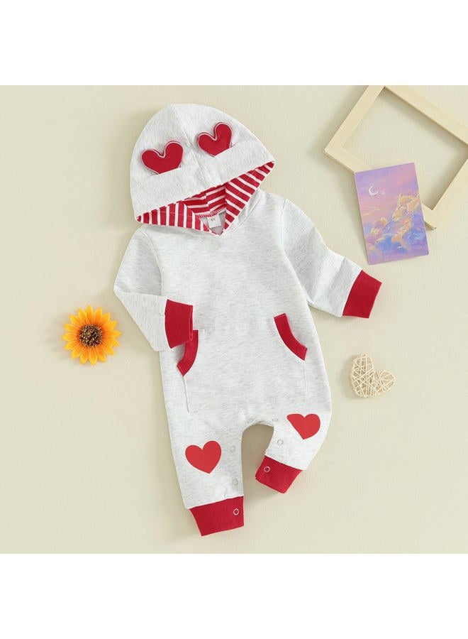 BeQeuewll Newborn Baby Girls Boys Valentine's Day Outfit Infant Sweatshirt Jumpsuit Long Sleeve Heart Hooded Romper 0-12M (Gray, 9-12 Months) - Image 2