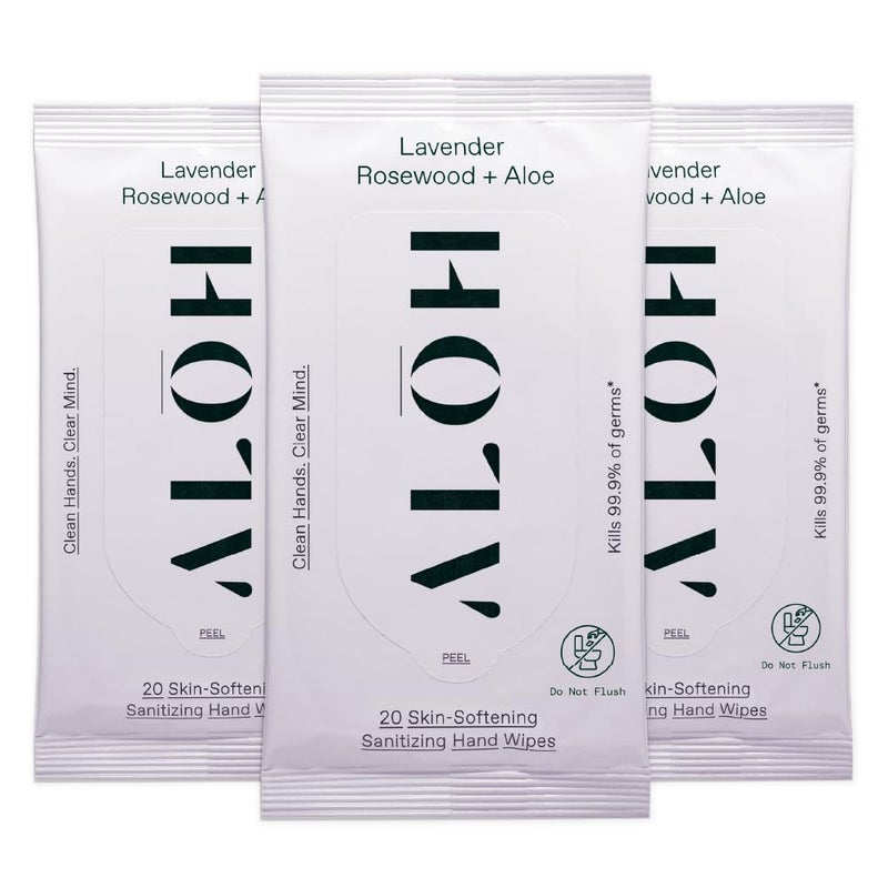 ALH Lavender Rosewood Aloe Sanitizing Hand Wipes Clean Hands Clear Minds On The Go Sanitizing Hand Wipes for Kids and Adults Travel Size 3 Pack 20ct Wipes 60 wipes