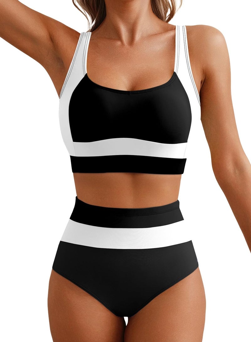 Herseas Women's Two Piece Bikini Sets Color Block High Waisted Athletic Swimsuit Contrast Wide Straps Removable Pad Supportive Bathing Suit Stretchy Chic Resort Black Small - Image 1