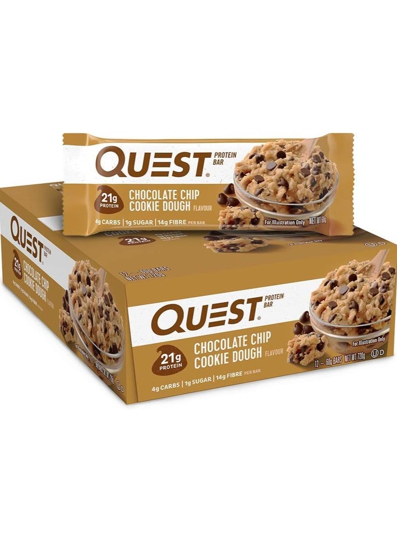 Quest Protein Bar  Chocolate Chip Cookie Dough - High Protein, Low Carb, Gluten Free, Keto Friendly (60g Pack of 12) - Image 1