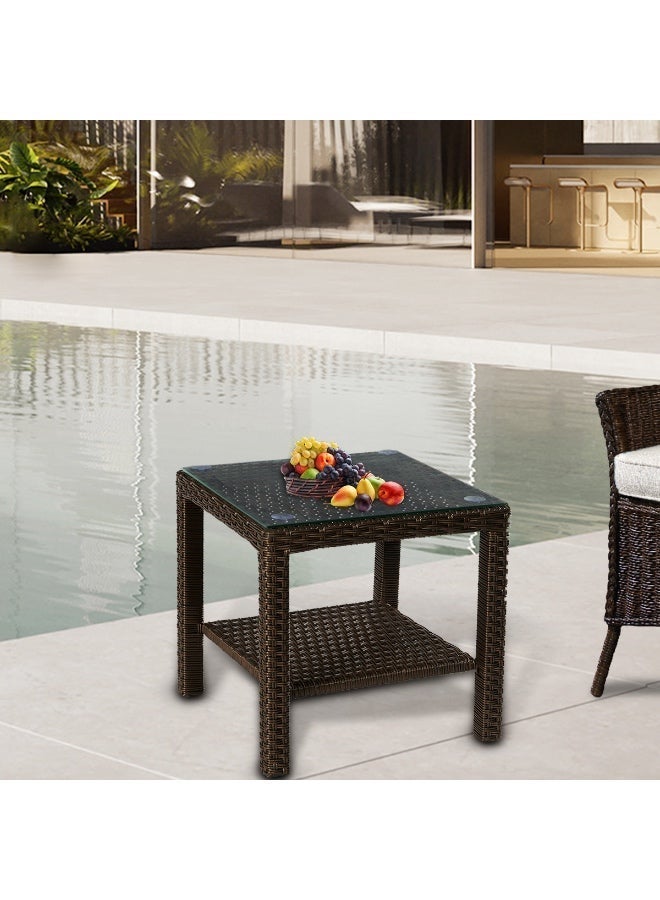 YIYAN Indoor-Outdoor Rattan Side Table with Glass Top, Wicker Patio End Table for Balcony, Living Room & Bedroom, Brown - Image 1