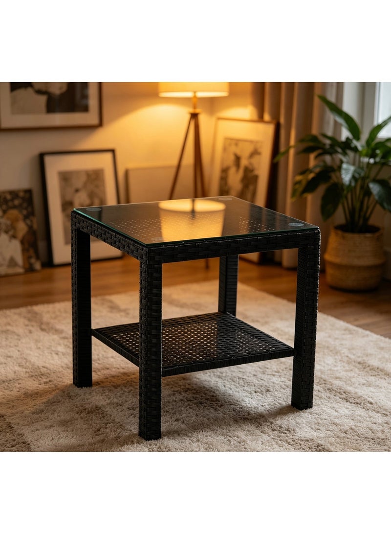 YIYAN Indoor-Outdoor Rattan Side Table with Glass Top, Wicker Patio End Table for Balcony, Living Room & Bedroom, Brown - Image 5