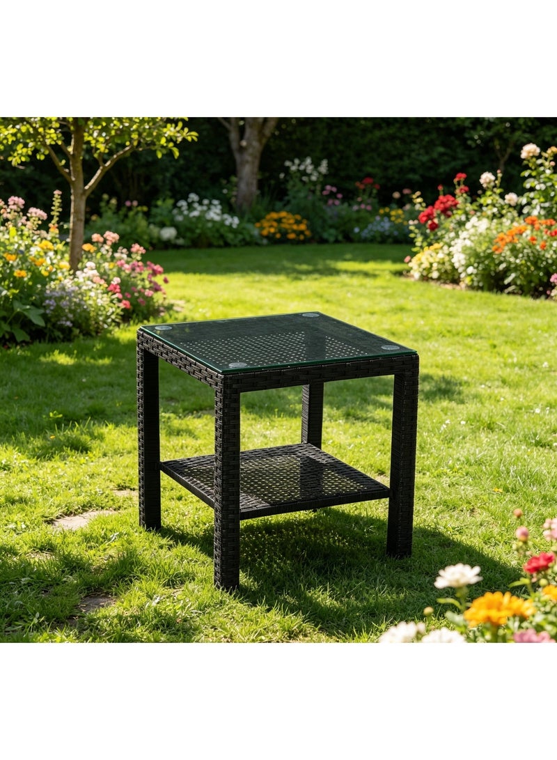 YIYAN Indoor-Outdoor Rattan Side Table with Glass Top, Wicker Patio End Table for Balcony, Living Room & Bedroom, Brown - Image 2