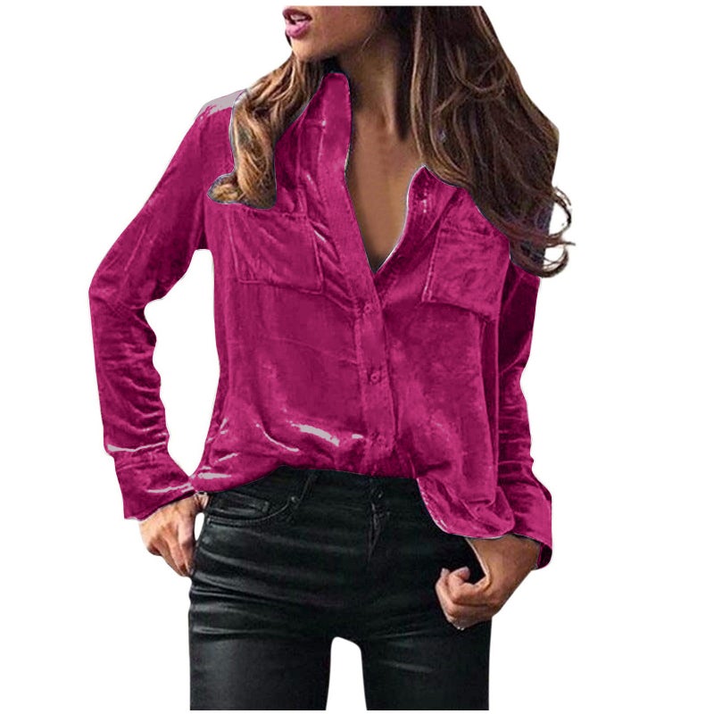 in stock Europe and the United States cross-border Amazon pocket shirt blouse solid color temperament long sleeve single breasted shirt women Camellia red