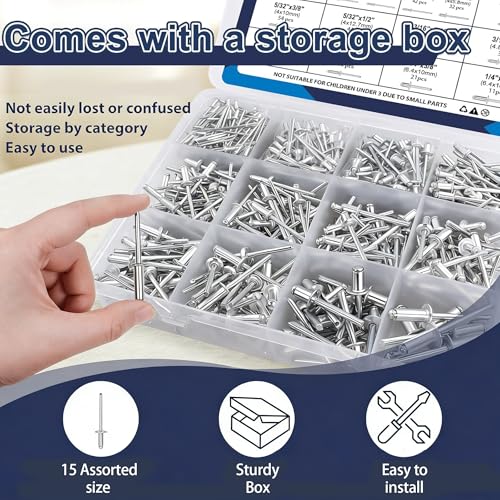 ZQZ 630Pcs Aluminum Pop Rivets Assortment Kit, 15 Sizes Silver Pop Rivets, 3/32" 1/8" 5/32" 3/16" 1/4" Assorted Rivets Kit for Metal, Aluminum Blind Rivets Assortment - Image 5