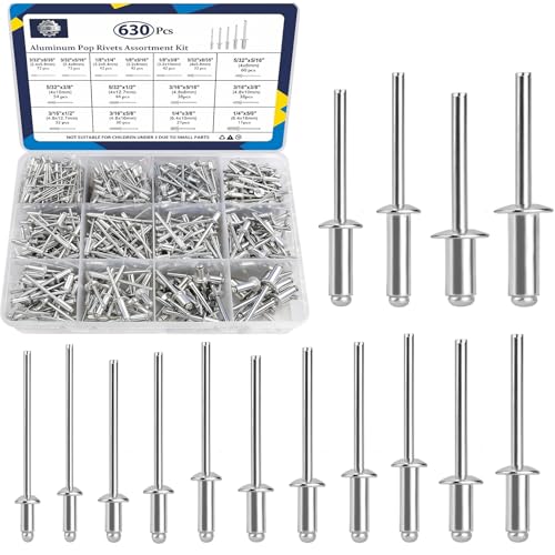 ZQZ 630Pcs Aluminum Pop Rivets Assortment Kit, 15 Sizes Silver Pop Rivets, 3/32" 1/8" 5/32" 3/16" 1/4" Assorted Rivets Kit for Metal, Aluminum Blind Rivets Assortment - Image 1