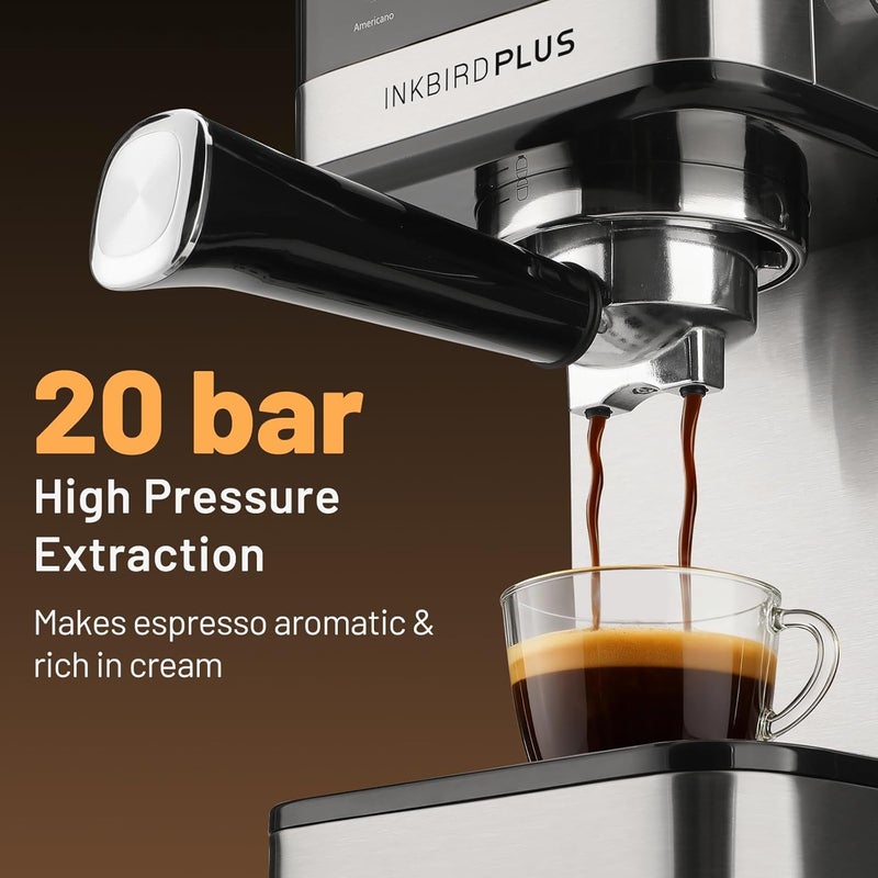 INKBIRDPLUS Espresso Machine 20Bar, Compact 4-Cup Coffee Maker, Semi-Automatic Coffee Brewer with Milk Frother Steam Wand & NTC Temperature Control for Making Shots, Cappuccinos, Lattes & Americanos - Image 3