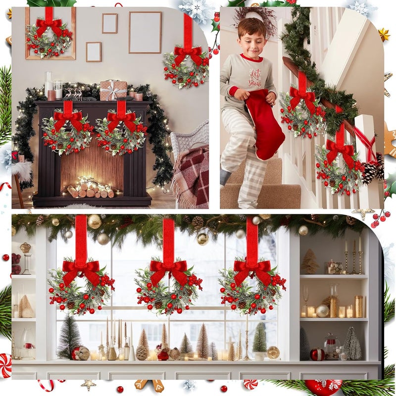 Dingion 6 Pcs 6" Christmas Mini Cabinet Wreaths for Kitchen with Ribbon Bows Red Berry Small Window Wreath for Window Door Farmhouse Christmas Party Decorations (Stylish Style) - Image 5