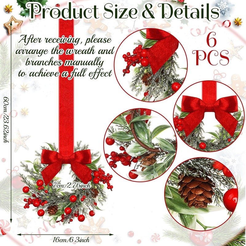 Dingion 6 Pcs 6" Christmas Mini Cabinet Wreaths for Kitchen with Ribbon Bows Red Berry Small Window Wreath for Window Door Farmhouse Christmas Party Decorations (Stylish Style) - Image 2