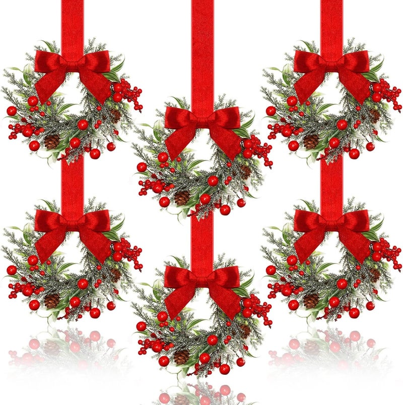 Dingion 6 Pcs 6" Christmas Mini Cabinet Wreaths for Kitchen with Ribbon Bows Red Berry Small Window Wreath for Window Door Farmhouse Christmas Party Decorations (Stylish Style) - Image 1
