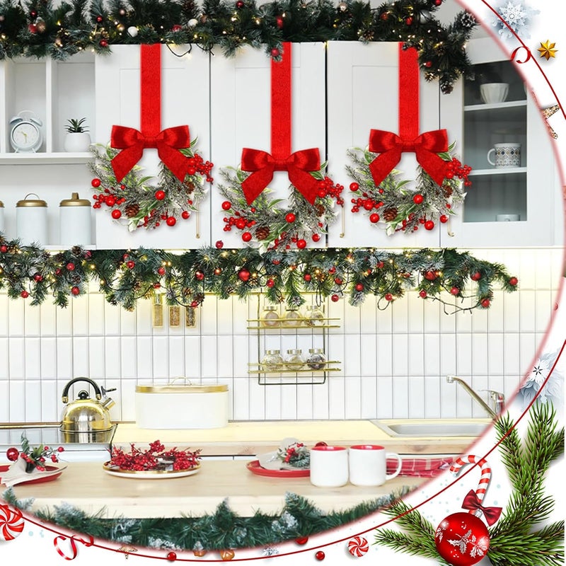 Dingion 6 Pcs 6" Christmas Mini Cabinet Wreaths for Kitchen with Ribbon Bows Red Berry Small Window Wreath for Window Door Farmhouse Christmas Party Decorations (Stylish Style) - Image 3
