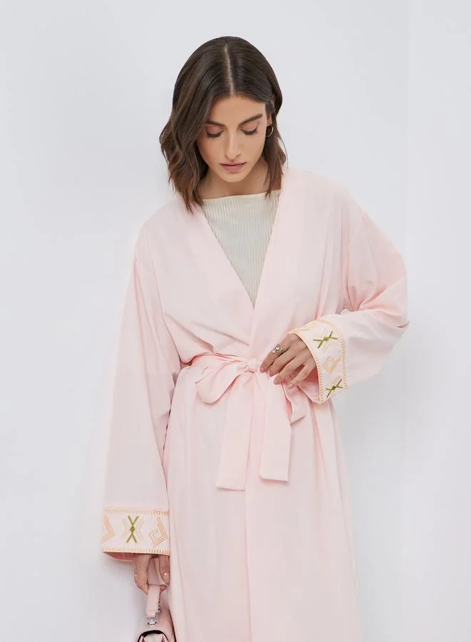 Take Two Take Two Women Peach Embroidered Detail Long Sleeve Kimono with Tie