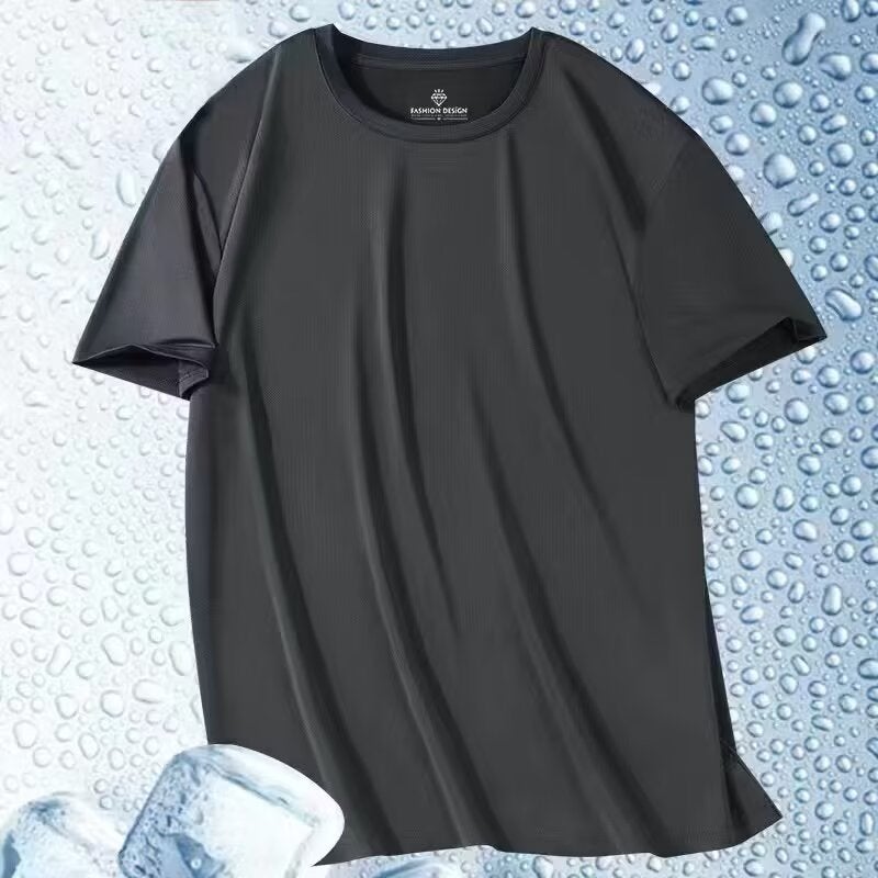 Summer Thin Short-sleeved T-shirt Mens Simple Solid Color Mesh T-shirt Round Neck Ice Silk Sports Quick-drying Clothes Lake blue  - Image 5