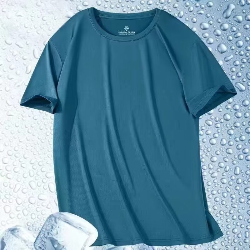 Summer Thin Short-sleeved T-shirt Mens Simple Solid Color Mesh T-shirt Round Neck Ice Silk Sports Quick-drying Clothes Lake blue  - Image 1