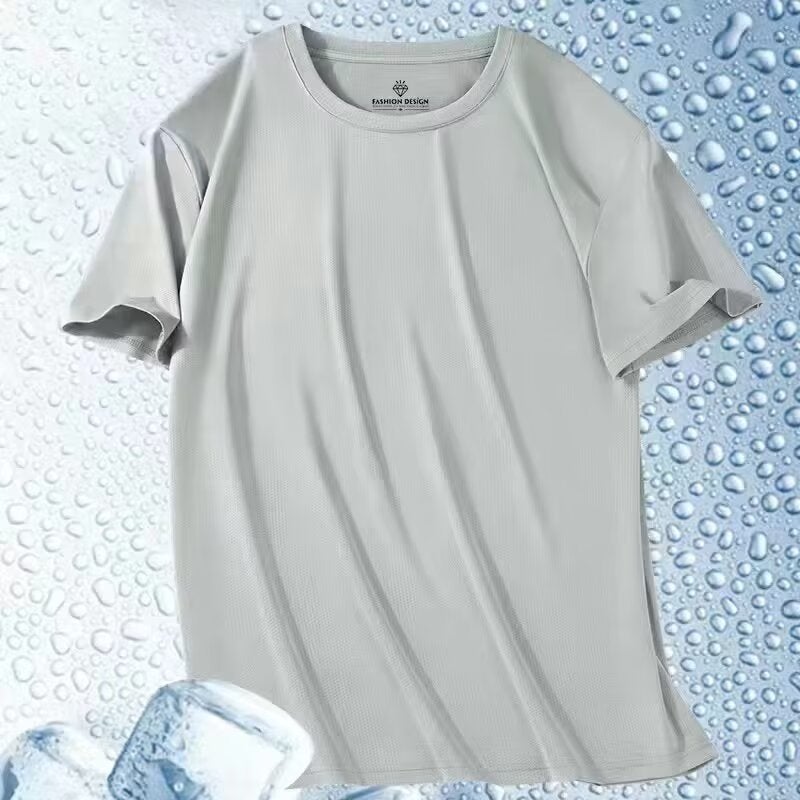 Summer Thin Short-sleeved T-shirt Mens Simple Solid Color Mesh T-shirt Round Neck Ice Silk Sports Quick-drying Clothes Lake blue  - Image 4