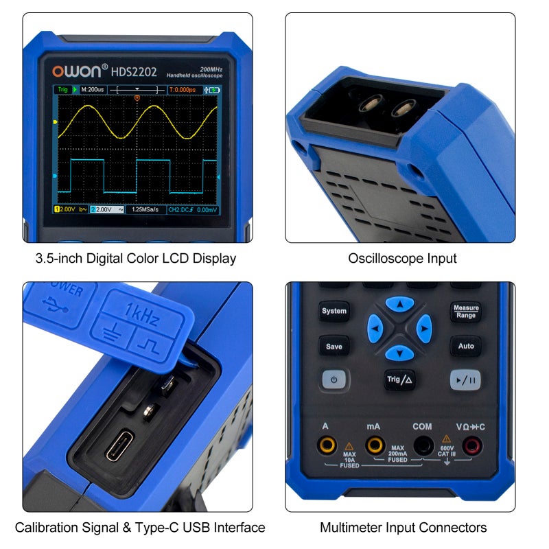 OWON HDS2202 Handheld Digital Oscilloscope Multimeter 200MHz 1GSa/s Dual Channels Oscilloscope True RMS 20000 Counts Multi Tester 3.5-inch Color LCD Rechargeable Type-C Interface - Image 4