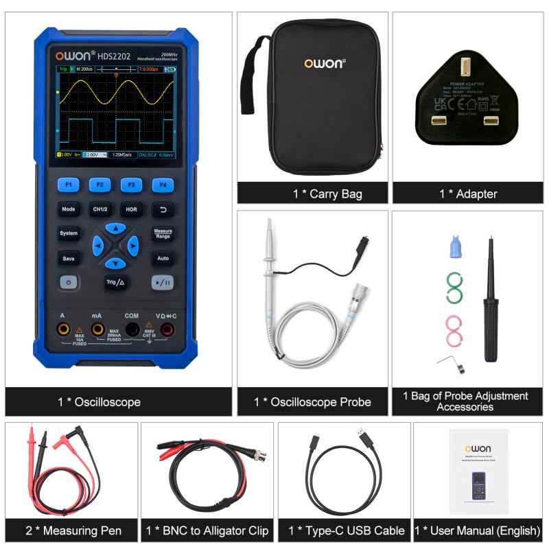 OWON HDS2202 Handheld Digital Oscilloscope Multimeter 200MHz 1GSa/s Dual Channels Oscilloscope True RMS 20000 Counts Multi Tester 3.5-inch Color LCD Rechargeable Type-C Interface - Image 2