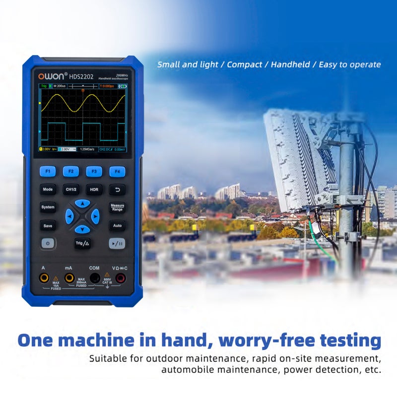 OWON HDS2202 Handheld Digital Oscilloscope Multimeter 200MHz 1GSa/s Dual Channels Oscilloscope True RMS 20000 Counts Multi Tester 3.5-inch Color LCD Rechargeable Type-C Interface - Image 5