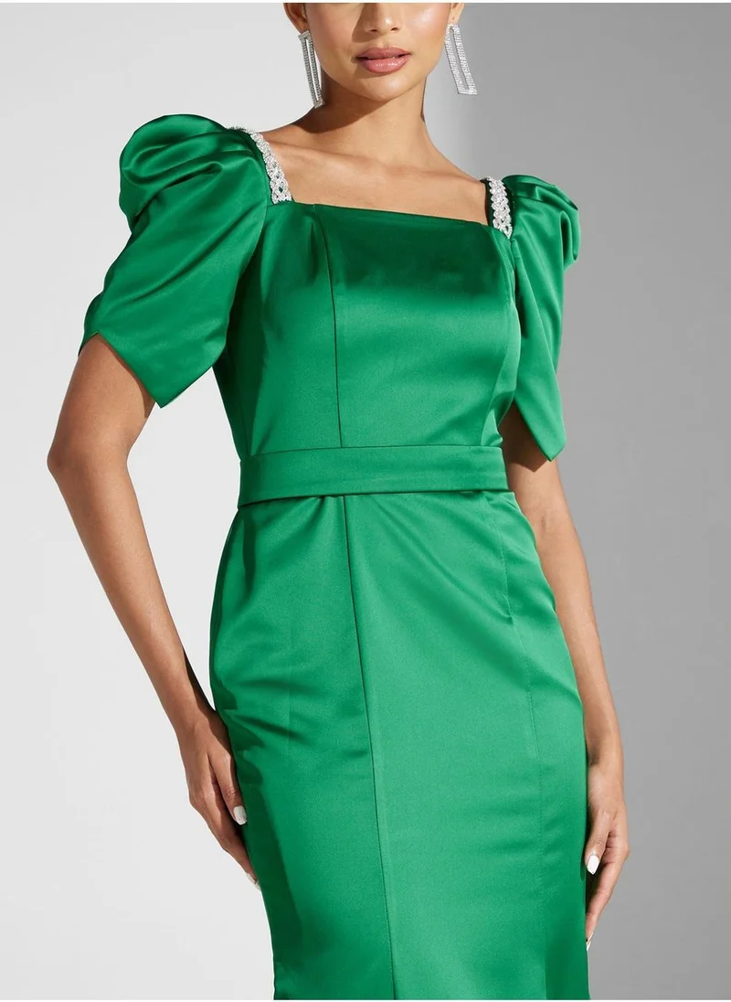 Akadia Fashion Emerald Puff-Sleeve Dress