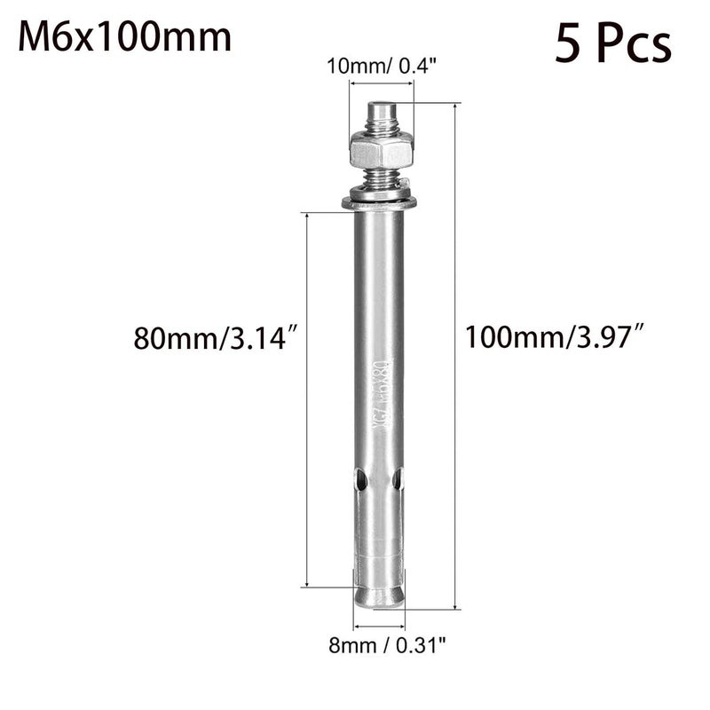SDY 5 Pcs M6 x 100mm 304 Stainless Steel Expansion Bolt External Hex Expansion Screw Bolt Sleeve Anchor，Pool Safety Cover Expansion Bolts，for Concrete - Image 2