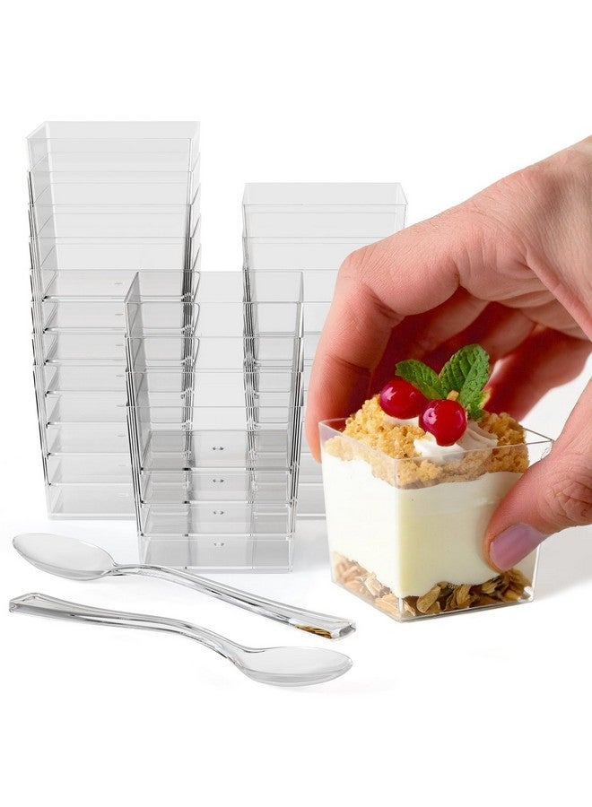 Exquisite Mini Dessert Cups With Spoons 200 Pcs - 3.6 Oz Square Plastic Dessert Cups Disposable With Tasting Spoons 100 Sets | Mini Parfait Cup | Appetizer Cup For Party - Image 1