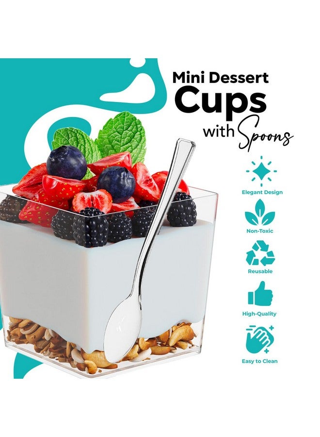 Exquisite Mini Dessert Cups With Spoons 200 Pcs - 3.6 Oz Square Plastic Dessert Cups Disposable With Tasting Spoons 100 Sets | Mini Parfait Cup | Appetizer Cup For Party - Image 4