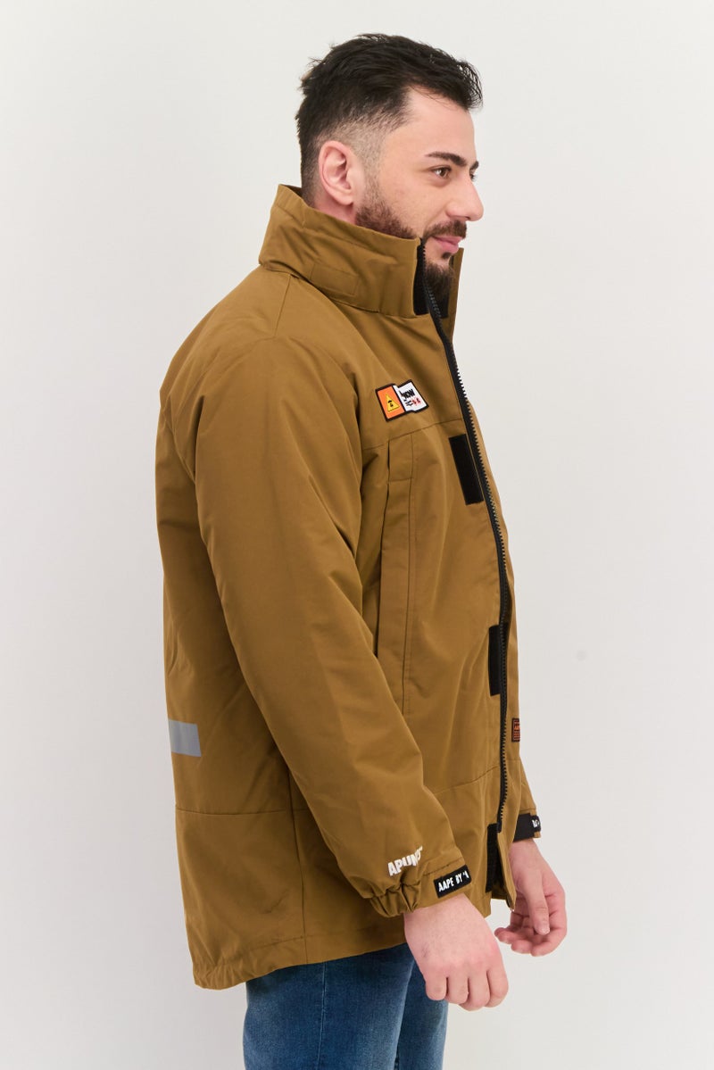 Men Brand Logo Hooded Parka Jacket, Brown