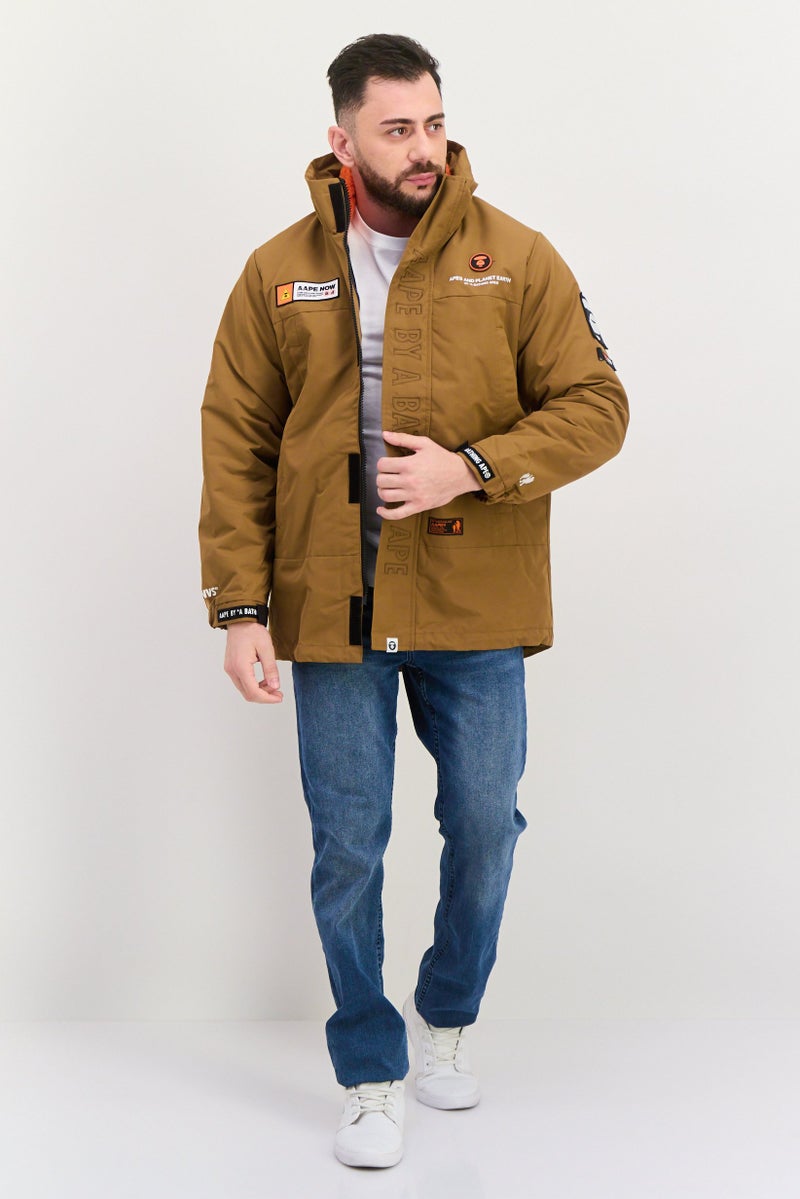 Men Brand Logo Hooded Parka Jacket, Brown