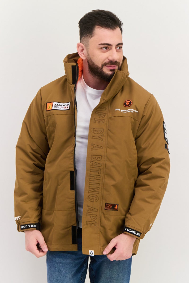 Men Brand Logo Hooded Parka Jacket, Brown