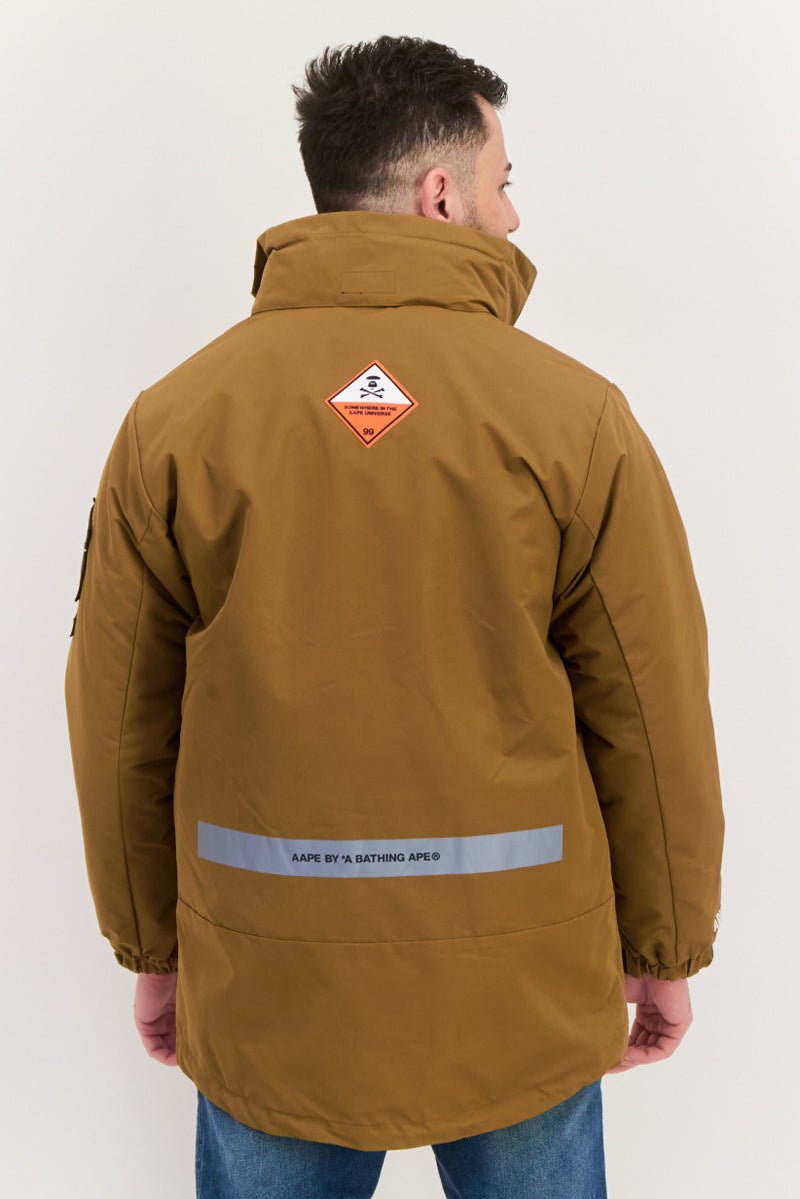 Men Brand Logo Hooded Parka Jacket, Brown