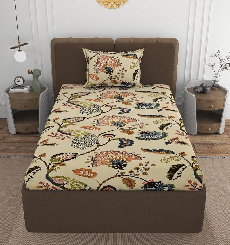 VOMZER 300 TC Elastic Fitted Bedsheets Single Bed with 1 Pillow Cover | Single Bed with All Around Elastic, Size 36 x 72 x 10 Inches Beige - Image 1