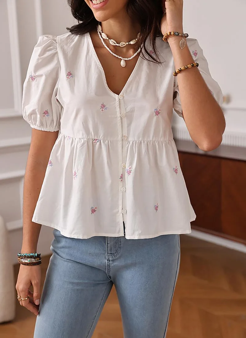 يونيكي White V-Neck Short Sleeves A-Line Top