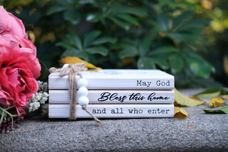 LIVDUCOT Rustic Decorative Coffee Table Books for Home, Wood Book Stack Decor Set of 3, Farmhouse Mantel Decor, Christian Gifts (May God Bless This Home And All Who Enter) - Image 3