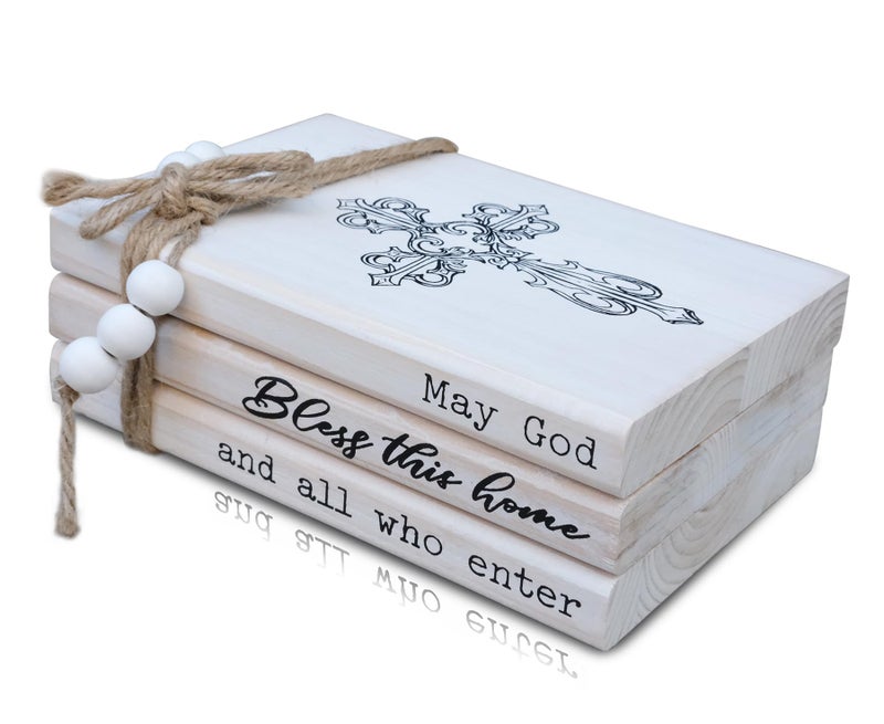 LIVDUCOT Rustic Decorative Coffee Table Books for Home, Wood Book Stack Decor Set of 3, Farmhouse Mantel Decor, Christian Gifts (May God Bless This Home And All Who Enter) - Image 1