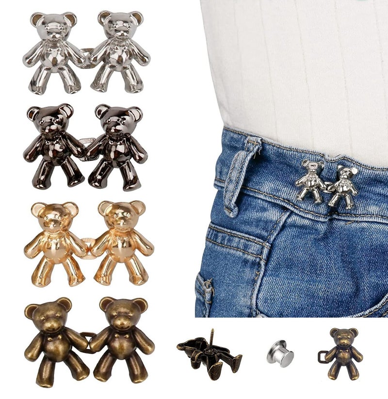 Kawn® 4pcs Cute Bear Waist Button Pins for Loose Jeans | No-Sew Adjustable Detachable Buckles for Jeans & Pants (Bear Button – A) - Image 1