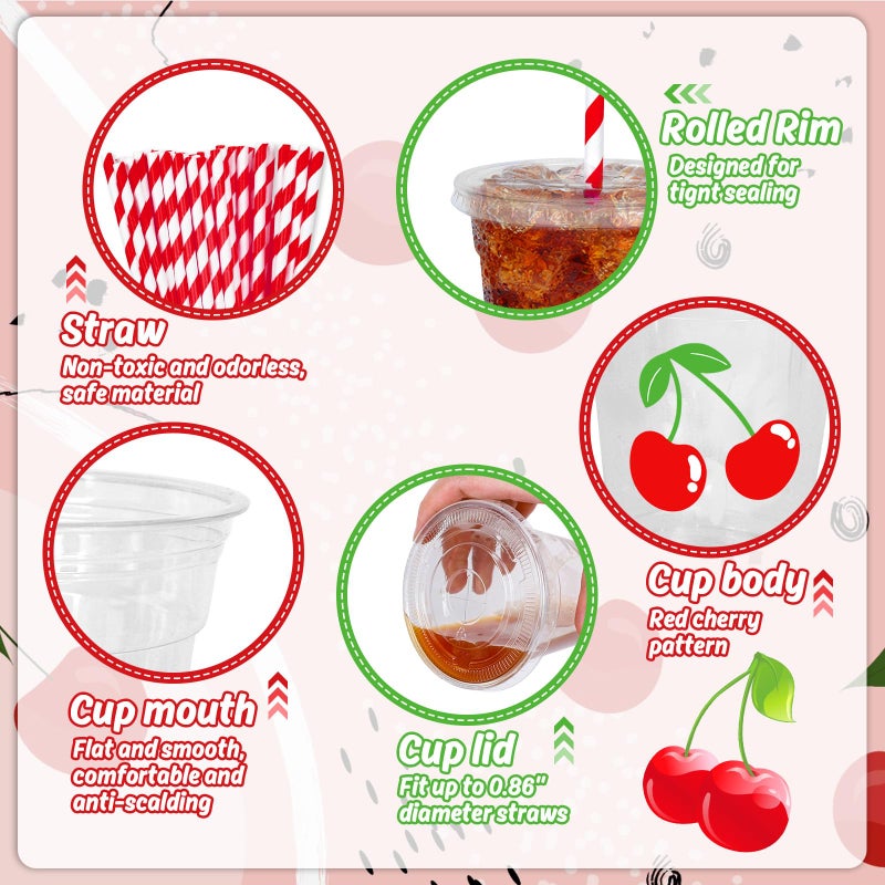 Whaline أكواب بلاستيكية قابلة للتصرف من واهلين 50 قطعة سعة 12 أونصة مع أغطية وقشات، أكواب مشروبات باردة بتصميم الكرز الأحمر اللطيف لمستلزمات حفلات عيد الميلاد وحفلات استقبال الأطفال - Image 2