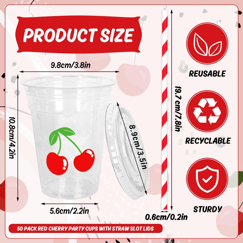 Whaline أكواب بلاستيكية قابلة للتصرف من واهلين 50 قطعة سعة 12 أونصة مع أغطية وقشات، أكواب مشروبات باردة بتصميم الكرز الأحمر اللطيف لمستلزمات حفلات عيد الميلاد وحفلات استقبال الأطفال - Image 1