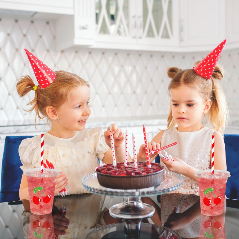 Whaline أكواب بلاستيكية قابلة للتصرف من واهلين 50 قطعة سعة 12 أونصة مع أغطية وقشات، أكواب مشروبات باردة بتصميم الكرز الأحمر اللطيف لمستلزمات حفلات عيد الميلاد وحفلات استقبال الأطفال - Image 4