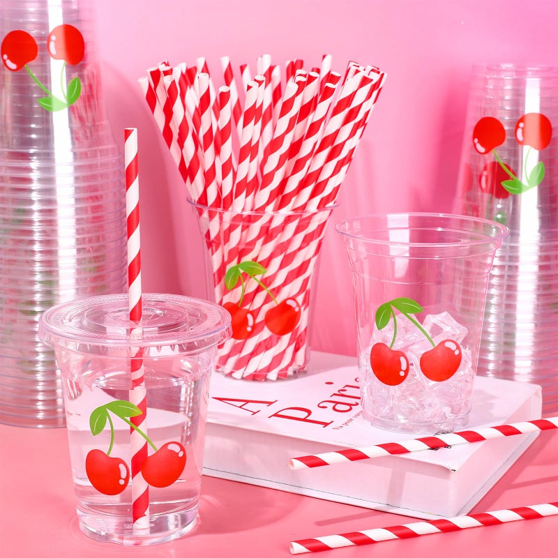 Whaline أكواب بلاستيكية قابلة للتصرف من واهلين 50 قطعة سعة 12 أونصة مع أغطية وقشات، أكواب مشروبات باردة بتصميم الكرز الأحمر اللطيف لمستلزمات حفلات عيد الميلاد وحفلات استقبال الأطفال - Image 3