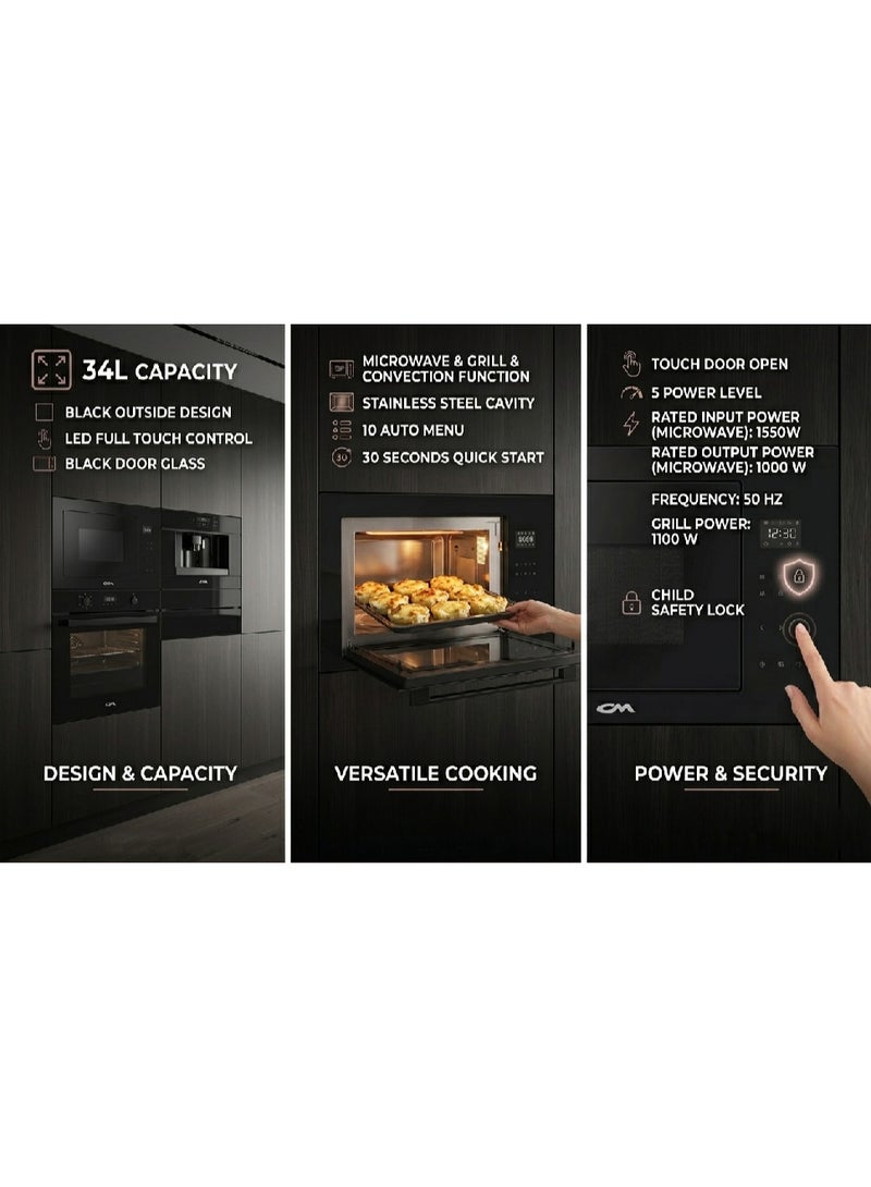 CM SUN 60cm Built-In Microwave Oven with Grill – 34L Capacity, Touch Control, 5 Power Levels, Child Safety Lock, Timer & Defrost Function – Full Black - Image 2