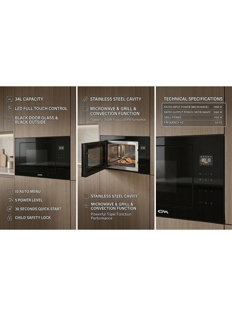CM SUN 60cm Built-In Microwave Oven with Grill – 34L Capacity, Touch Control, 5 Power Levels, Child Safety Lock, Timer & Defrost Function – Full Black - Image 4