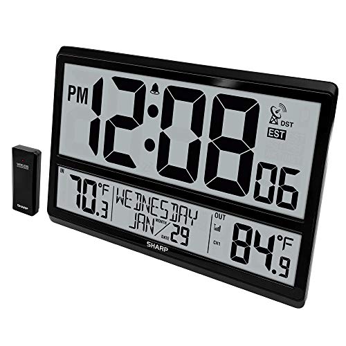 Sharp Atomic Clock - Never Needs Setting! –Easy to Read Numbers - Indoor/Outdoor Temperature, Wireless Outdoor Sensor - Battery Powered - Easy Set-Up (4" Numbers) - Image 1