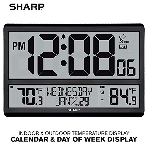 Sharp Atomic Clock - Never Needs Setting! –Easy to Read Numbers - Indoor/Outdoor Temperature, Wireless Outdoor Sensor - Battery Powered - Easy Set-Up (4" Numbers) - Image 2